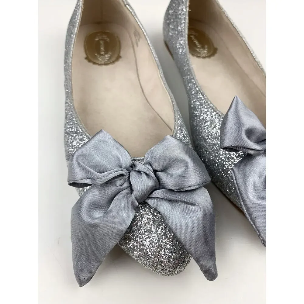 Joyfolie Silver Glitter Penny Flats Slip On Dress Shoes Satin Bow Youth Girls 3